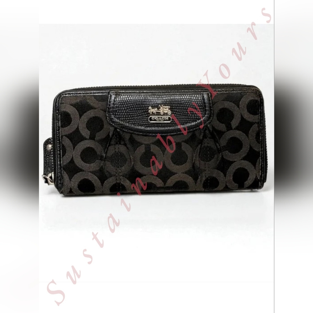 Coach Black & Brown Signature Zip Around Wallet Leather Trim Excellent Condition